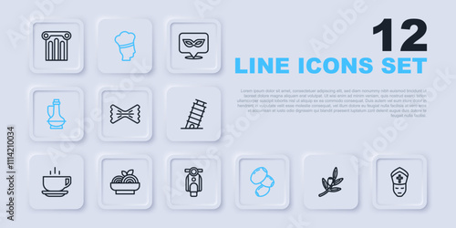 Set line Olives branch, Pope, Macaroni, Bottle of olive oil, Pasta spaghetti, Italian cook and Scooter icon. Vector