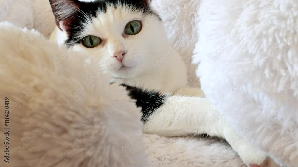 4k, video, Cute black and white domestic cat lying on a bed with a white fur blanket looking at the camera. The concept of adorable pets. 4k, video, Cute black and white domestic cat lying on a bed with a white fur blanket looking at the camera. The concept of adorable pets.