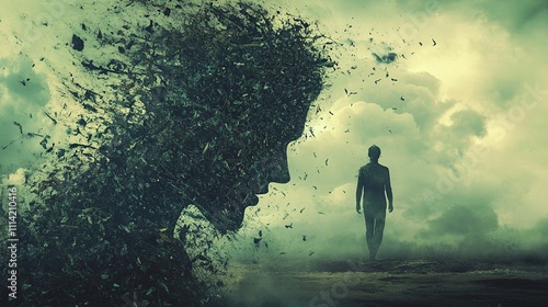 Disintegrating figure, man walking away.