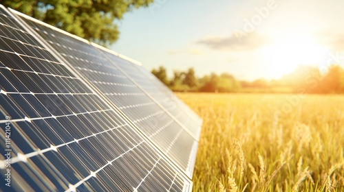 Solar panels in a golden field at sunrise, promoting renewable energy for Earth Day concept photo