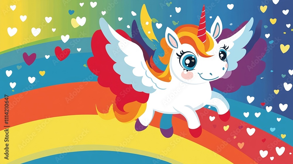 Naklejka premium Pegasus unicorn with big sparkling eyes flying under a rainbow with a trail hearts