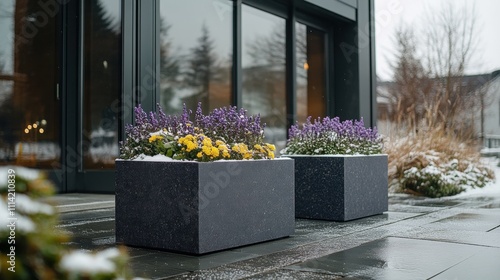 Snow-covered flower pots modern building entrance outdoor decor winter environment ground level view elegant design concept