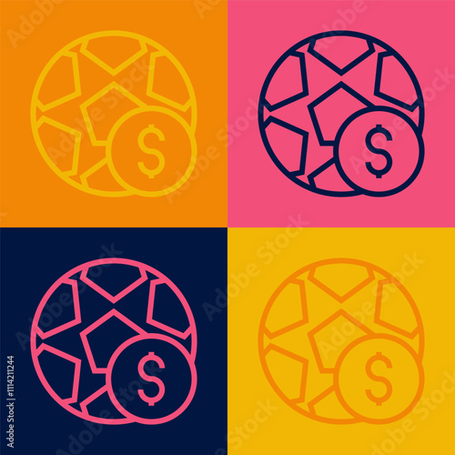 Pop art line Soccer football betting money icon isolated on color background. Football bet bookmaker. Soccer betting online make money. Vector