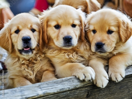 Three golden retriever dog puppies