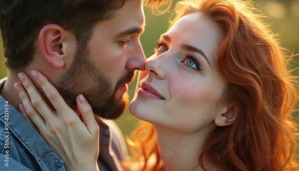 In a sunlit embrace, a couple gazes deeply into each other's eyes, their faces inches apart, radiating warmth and affection. The woman's fiery red hair cascades around her shoulders, while the man's In a sunlit embrace, a couple gazes deeply into each other's eyes, their faces inches apart, radiating warmth and affection. The woman's fiery red hair cascades around her shoulders, while the man's