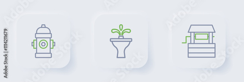 Set line Well, Fountain and Fire hydrant icon. Vector