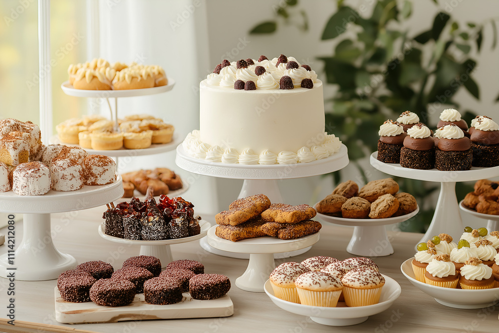 Cakes, cookies, and pastries on a beautifully set dessert table, showcasing a variety of treats, Food photography Cakes, cookies, and pastries on a beautifully set dessert table, showcasing a variety of treats, Food photography