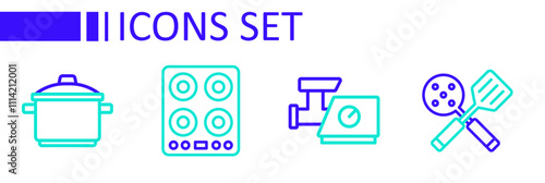 Set line Spatula, Kitchen meat grinder, Gas stove and Cooking pot icon. Vector