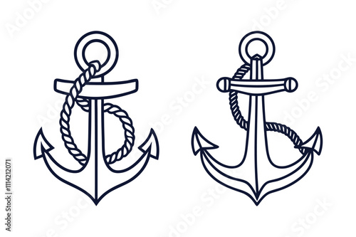 Minimalist anchor with rope vector line art illustration white background