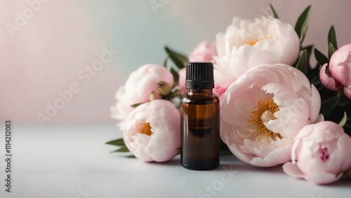 Fototapeta Naklejka Na Ścianę i Meble -  A bottle of essential oil surrounded by pink peonies on a pastel background.