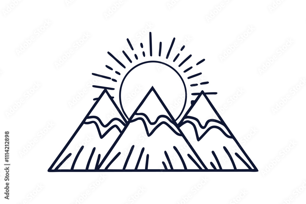 Mountain range with sun vector line art illustration transparent white background Mountain range with sun vector line art illustration transparent white background