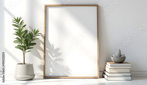 Framed Poster Mockup with Minimalist Decor on White Wall