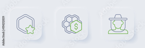 Set line Beekeeper with protect hat, Sale of honeycomb and Honeycomb icon. Vector