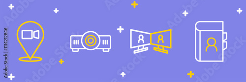 Set line Phone book, Video chat conference, Movie, film, media projector and icon. Vector