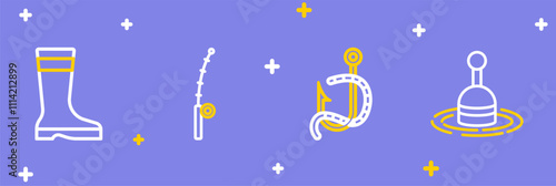 Set line Fishing float in water, hook and worm, rod and boots icon. Vector