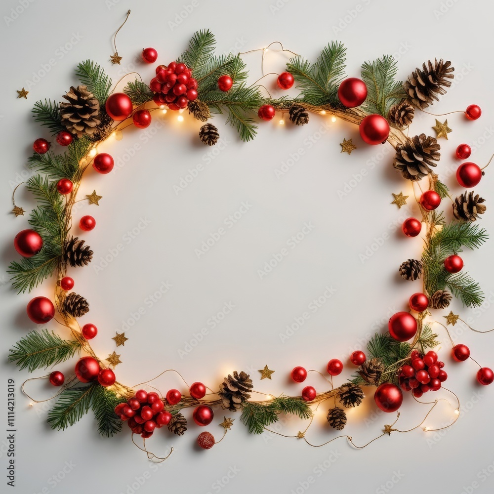 This festive Christmas frame is perfect for adding a touch of holiday cheer to your designs. Featuring lush evergreen branches, clusters of vibrant red berries, pine cones, and warm golden lights. This festive Christmas frame is perfect for adding a touch of holiday cheer to your designs. Featuring lush evergreen branches, clusters of vibrant red berries, pine cones, and warm golden lights.