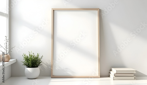 Framed Poster Mockup with Minimalist Decor on White Wall