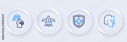 Set line Medieval helmet, Shield, Fleur de lys or lily flower and icon. Vector