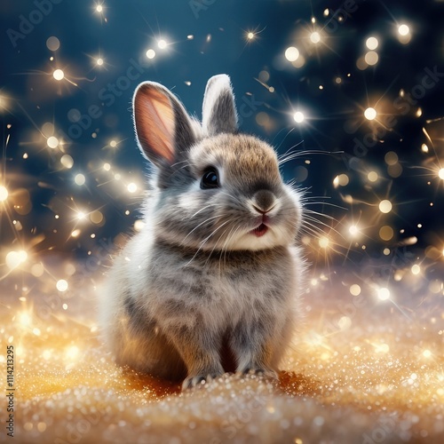 Cute fluffy little rabbit on a shiny sparkling background. Lovely bunny