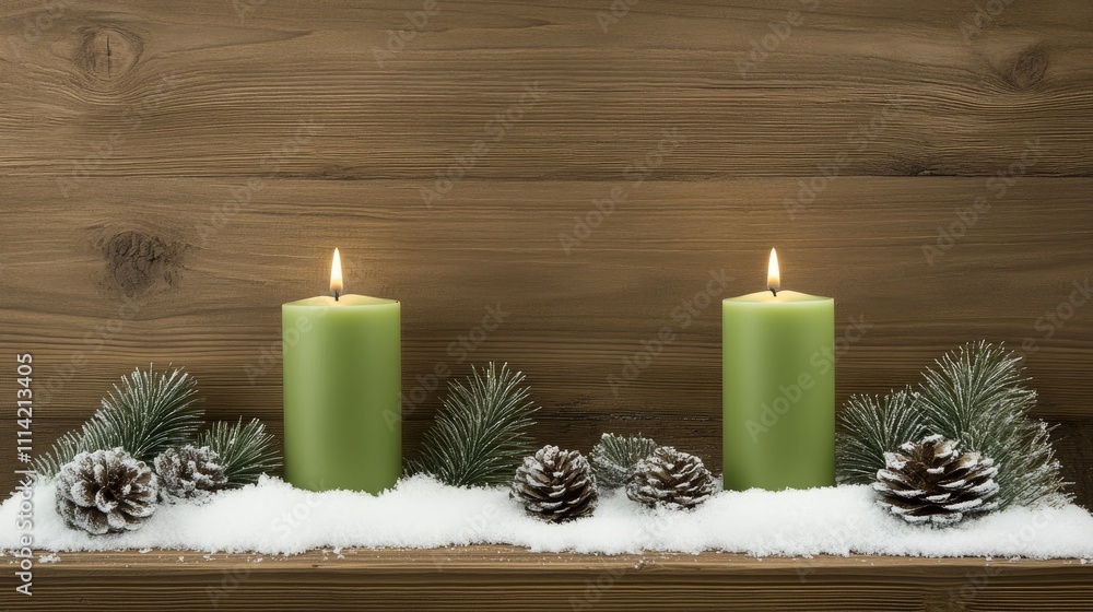 Three vibrant green candles sit on a wooden platform, adorned with snow and various Christmas decorations, creating a cozy winter atmosphere Three vibrant green candles sit on a wooden platform, adorned with snow and various Christmas decorations, creating a cozy winter atmosphere