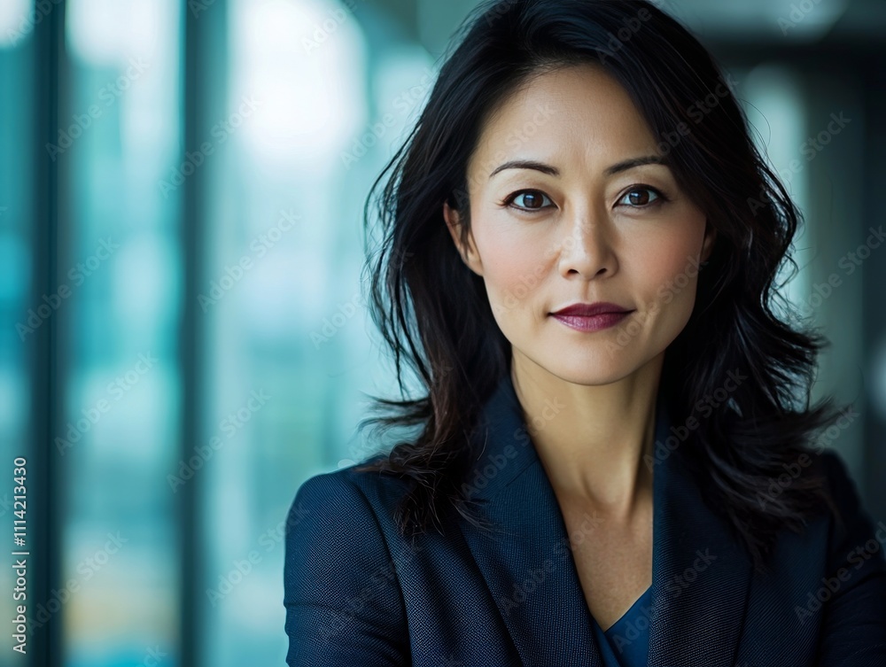Fototapeta premium Professional portrait of a confident Asian businesswoman in a modern corporate setting with soft natural lighting