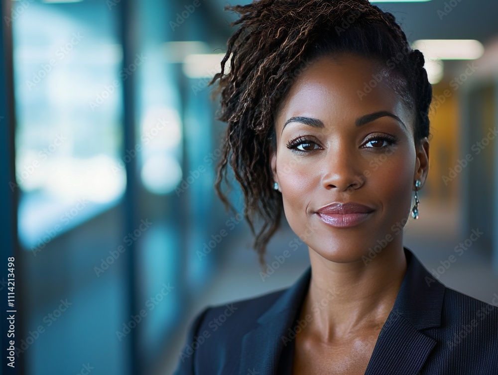Obraz premium Professional portrait of a confident Black businesswoman in a modern corporate office with soft natural lighting