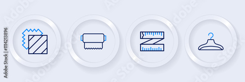 Set line Hanger wardrobe, Tape measure, Textile fabric roll and Layers clothing textile icon. Vector