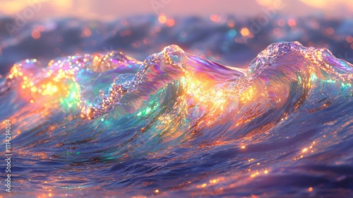 Iridescent ocean wave crashing at sunset with vibrant colors reflectively shimmering photo