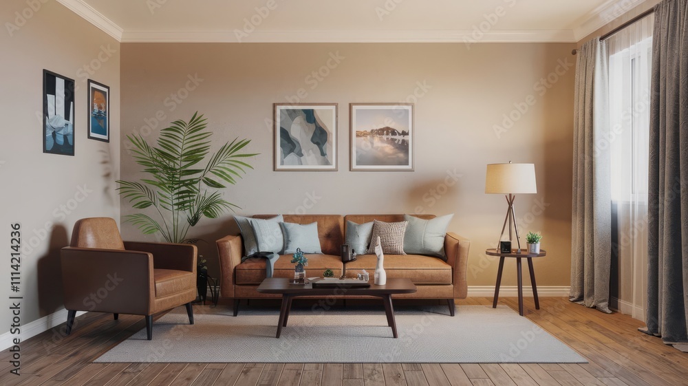 Fototapeta premium Stylish Modern Living Room Interior with Cozy Furniture and Natural Light. Explore this inviting modern living room featuring a chic sofa, elegant decor, and lush greenery, perfect for restf...