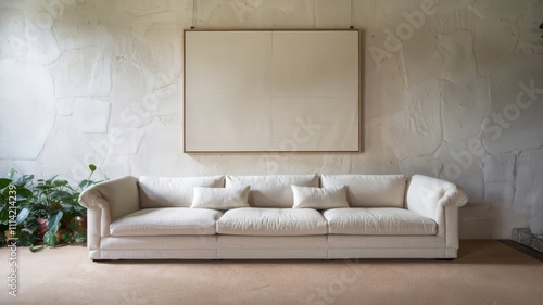 Stylish Minimalist Living Room with Elegant Sofa and Art. Discover a serene living space featuring a plush white sofa and a blank canvas over a textured wall, perfect for modern decor.