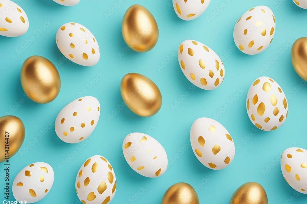 Happy Easter greeting card mockup with white and golden eggs on blue background. Top view photo Happy Easter greeting card mockup with white and golden eggs on blue background. Top view photo