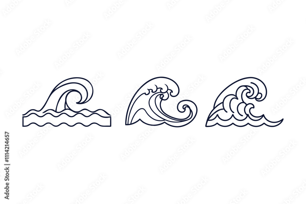 Fototapeta premium Ocean wave with smooth flowing vector line art illustration on white background