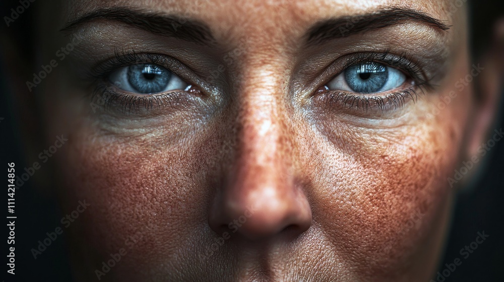 Close-up of a woman with striking blue eyes and detailed skin texture in natural lighting Close-up of a woman with striking blue eyes and detailed skin texture in natural lighting