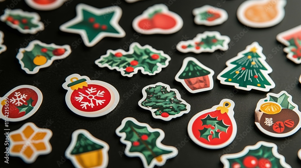 Fototapeta premium A collection of Christmas decorations including a star, tree, and ornaments. The decorations are arranged in a pattern on a black background