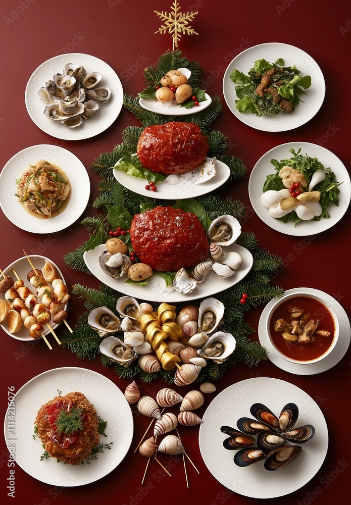 Aesthetic display of gourmet seafood cozy holiday table arrangement Aesthetic display of gourmet seafood cozy holiday table arrangement