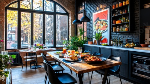 Modern dining room with a black brick accent wall, wooden table, and large arched windows overlooking a sunny street photo