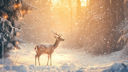 Magical winter scene with deer in snowy forest, glowing lights, soft snowfall, isolated with warm natural light, peaceful and serene atmosphere