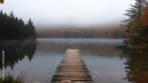 Tranquil wooden dock extends into a misty lake surrounded by autumn foliage in a serene landscape