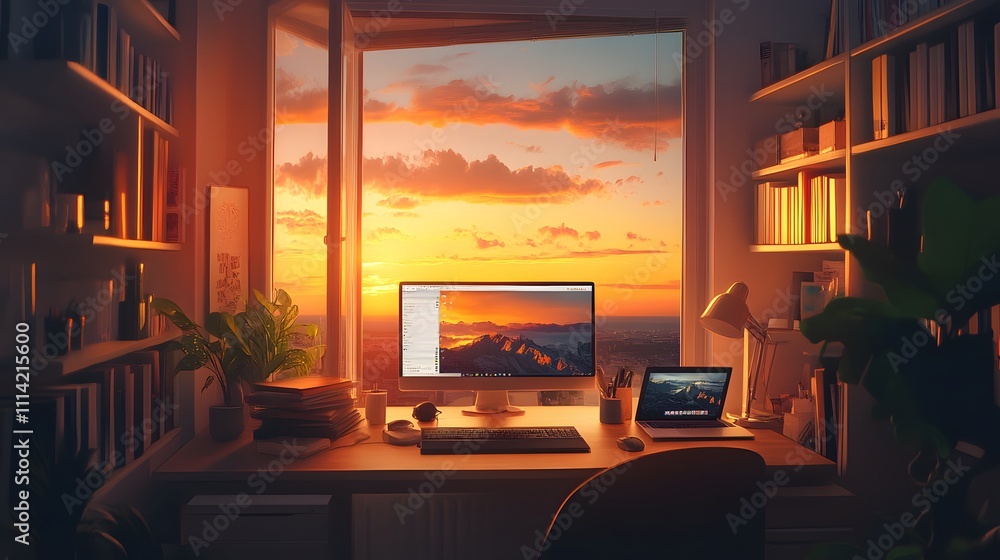 Fototapeta premium Cozy workspace with sunset view, plants, and modern tech setup in a warm atmosphere.