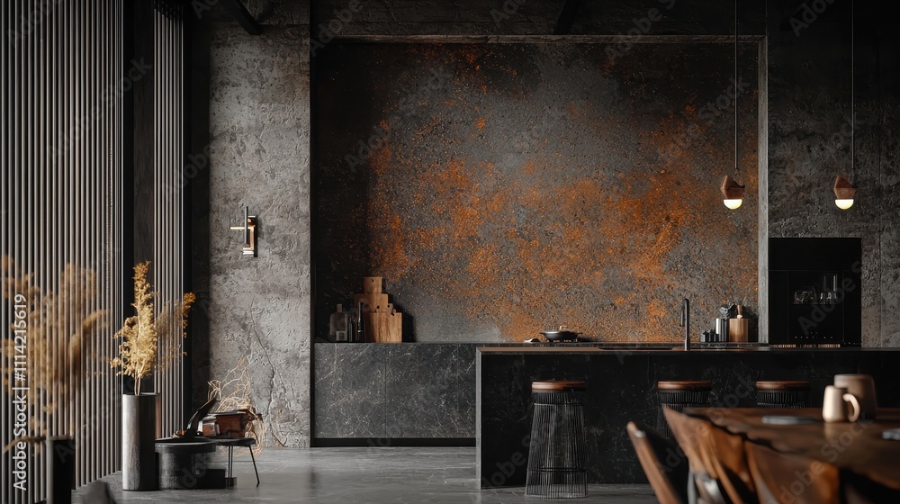 Modern Moody Interior with Dark Rugged Textures and a Hint of Warmth in Minimalist Design Modern Moody Interior with Dark Rugged Textures and a Hint of Warmth in Minimalist Design