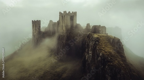 ancient castle ruins on a hilltop, surrounded by mist, haunting and mysterious, perfect setting for a historical adventure or fantasy story photo