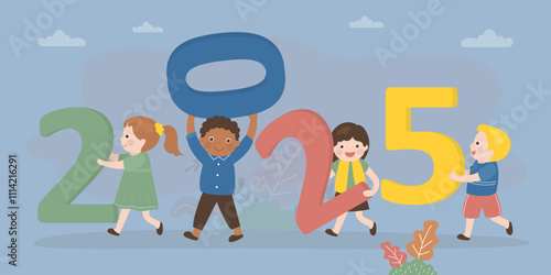 New 2025 year. Group of preschool kids celebrate for new 2025 year. Happy multiethnic children carrying giant numbers.
