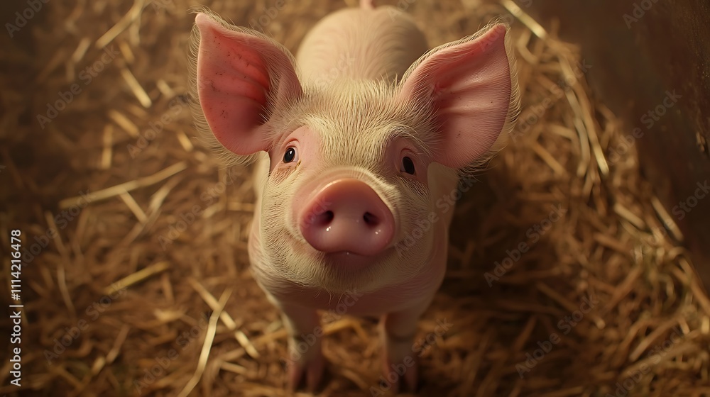 Adorable pink piglet nestled in hay, looking up. Adorable pink piglet nestled in hay, looking up.