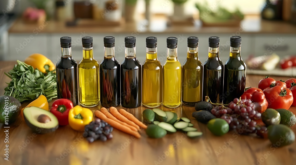 A variety of heart-healthy oils, such as olive oil and avocado oil, displayed next to fresh vegetables and fruits on a wooden kitchen counter A variety of heart-healthy oils, such as olive oil and avocado oil, displayed next to fresh vegetables and fruits on a wooden kitchen counter