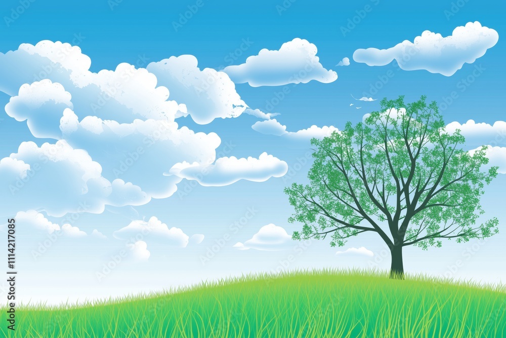 Obraz premium Sky blue with cloud background,Spring landscape with green grass field and tree on mountain,Panorama Nature Summer rural with copy space,Cute Cartoon vector illustration backdrop banner for Easter 