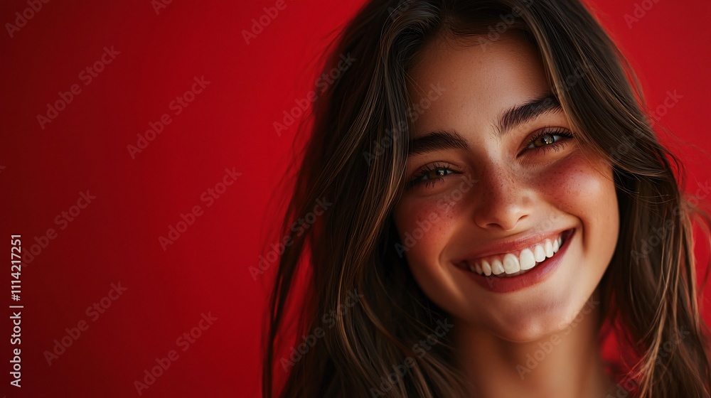 Naklejka premium Smiling woman poses in professional studio setting against a vibrant background
