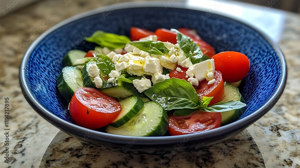 A fresh Mediterranean-style salad with cucumbers, tomatoes, and feta cheese, topped with a generous amount of heart-healthy olive oil A fresh Mediterranean-style salad with cucumbers, tomatoes, and feta cheese, topped with a generous amount of heart-healthy olive oil