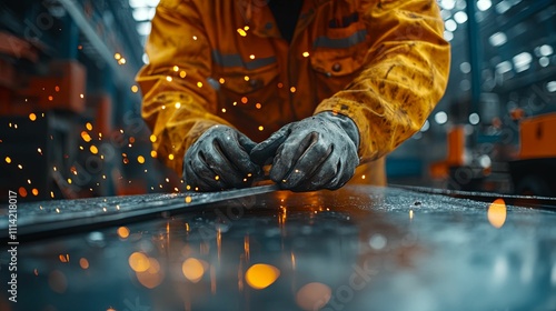 Worker in yellow jacket grinds metal sparks flying photo