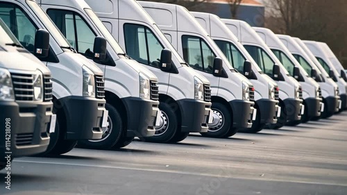 Fleet of white delivery vans parked in a row at a logistics center during the early morning