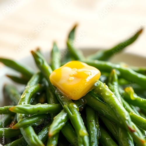 Close up macro photography of asparagus with a melting nob of butter on top.  photo